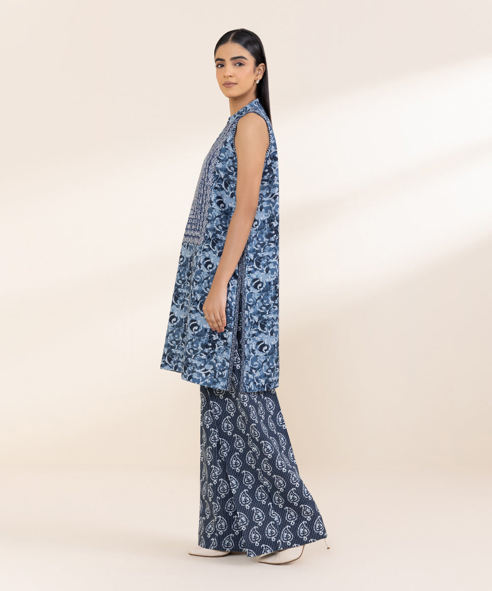 Women's Unstitched Embroidered Oxford Blue Khaddar Shirt and Trousers