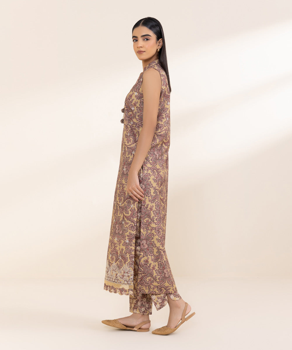 Women's Unstitched Embroidered Sand Yellow Cambric Shirt and Trousers