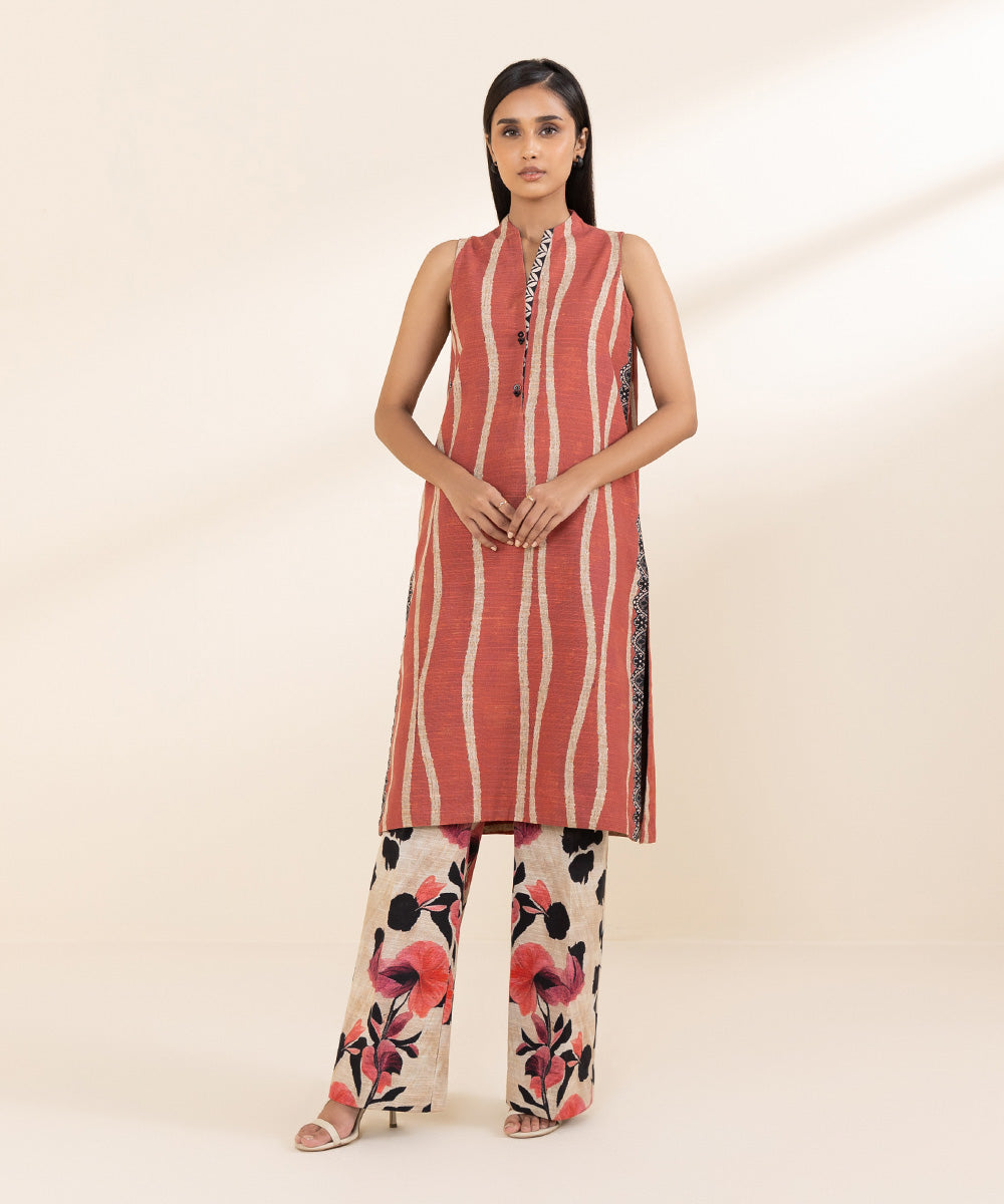 Women's Unstitched Light Khaddar Orange Printed 2 Piece Suit