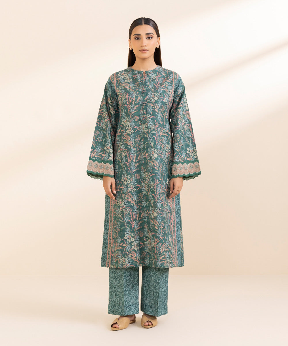 Women's Unstitched Zari Khaddar Printed Green 2 Piece Suit