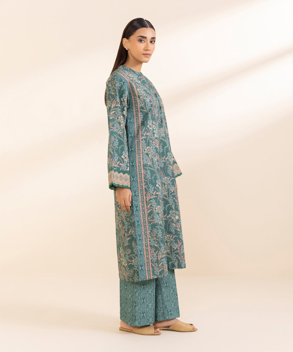 Women's Unstitched Zari Khaddar Printed Green 2 Piece Suit