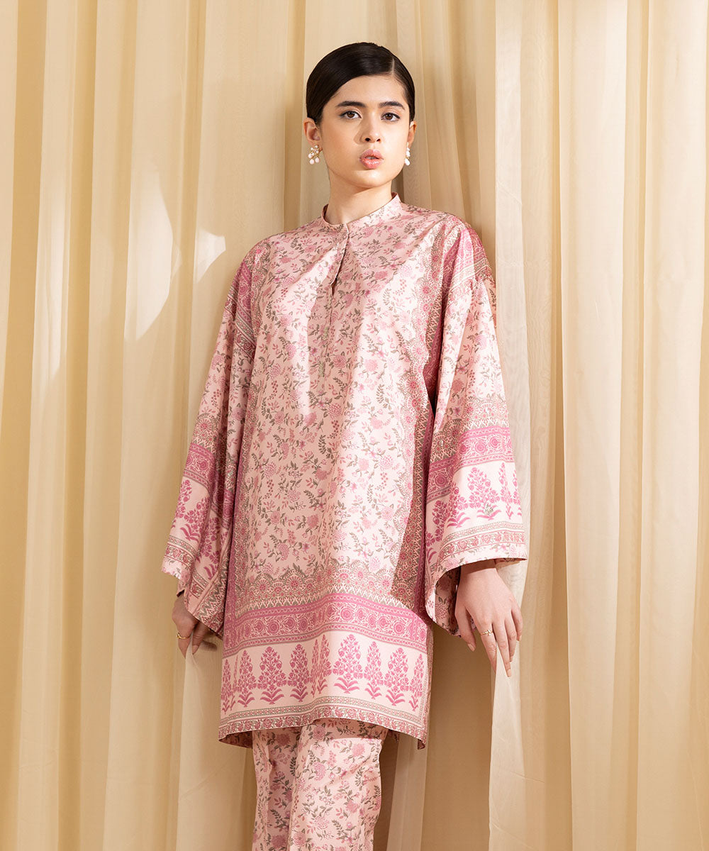 Women's Unstitched Printed Blended Grip Silk Pink 2 Piece Suit