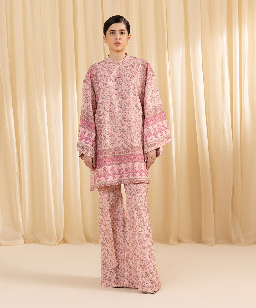 Women's Unstitched Printed Blended Grip Silk Pink 2 Piece Suit