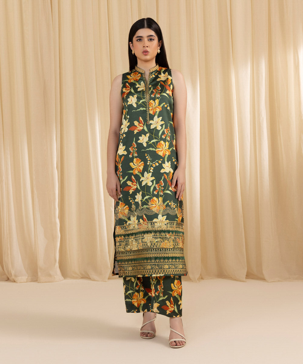 Women's Unstitched Printed Blended Satin Multi 2 Piece Suit