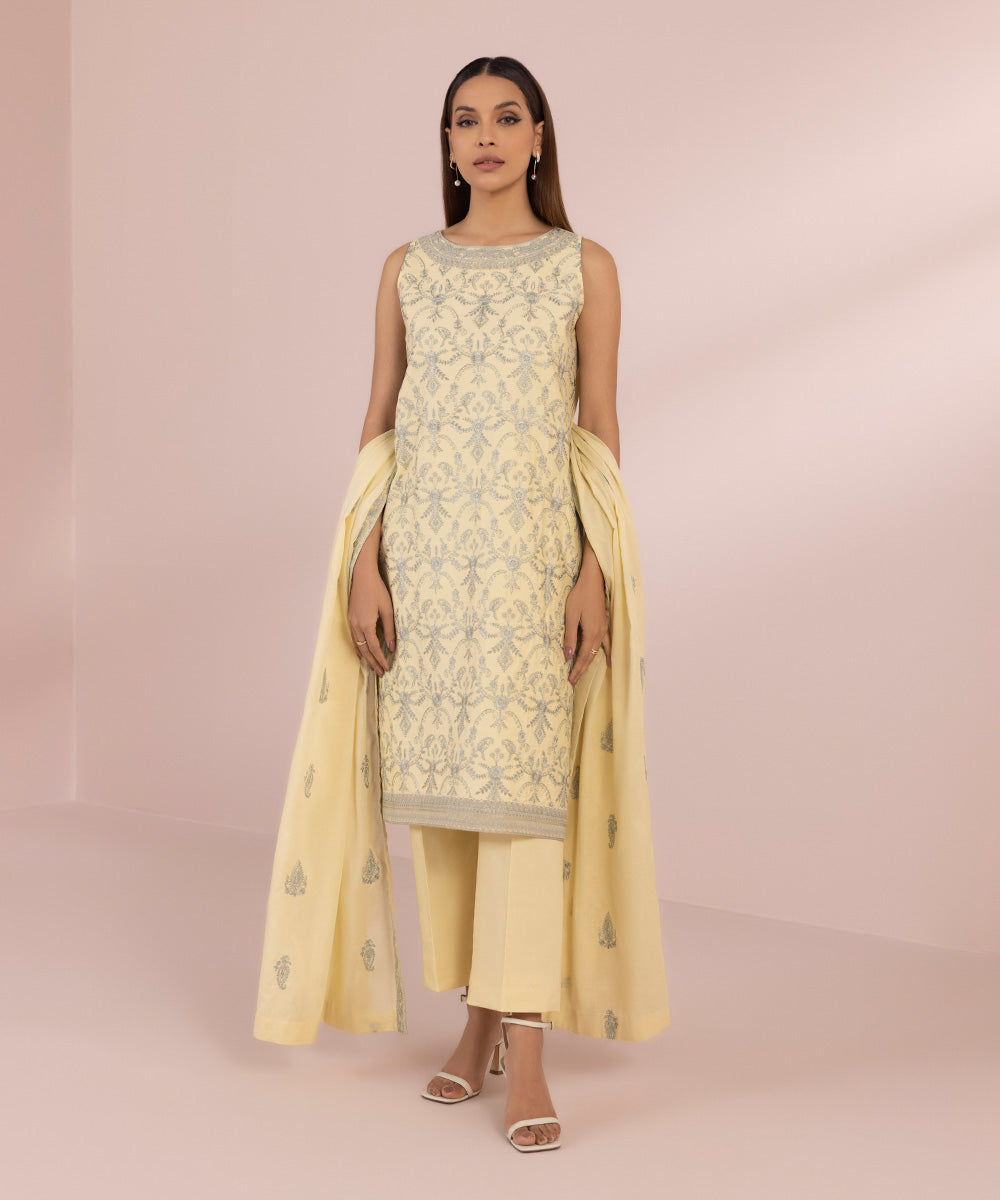 Women's Unstitched Lawn Embroidered Yellow 3 Piece Suit