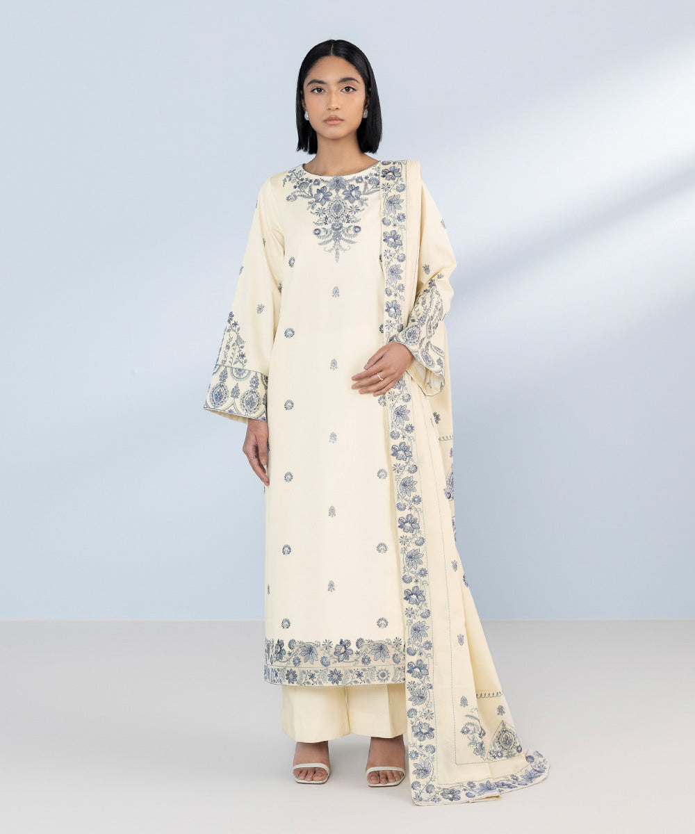 Women's Unstitched Light Cotton Satin Embroidered White 3 Piece Suit