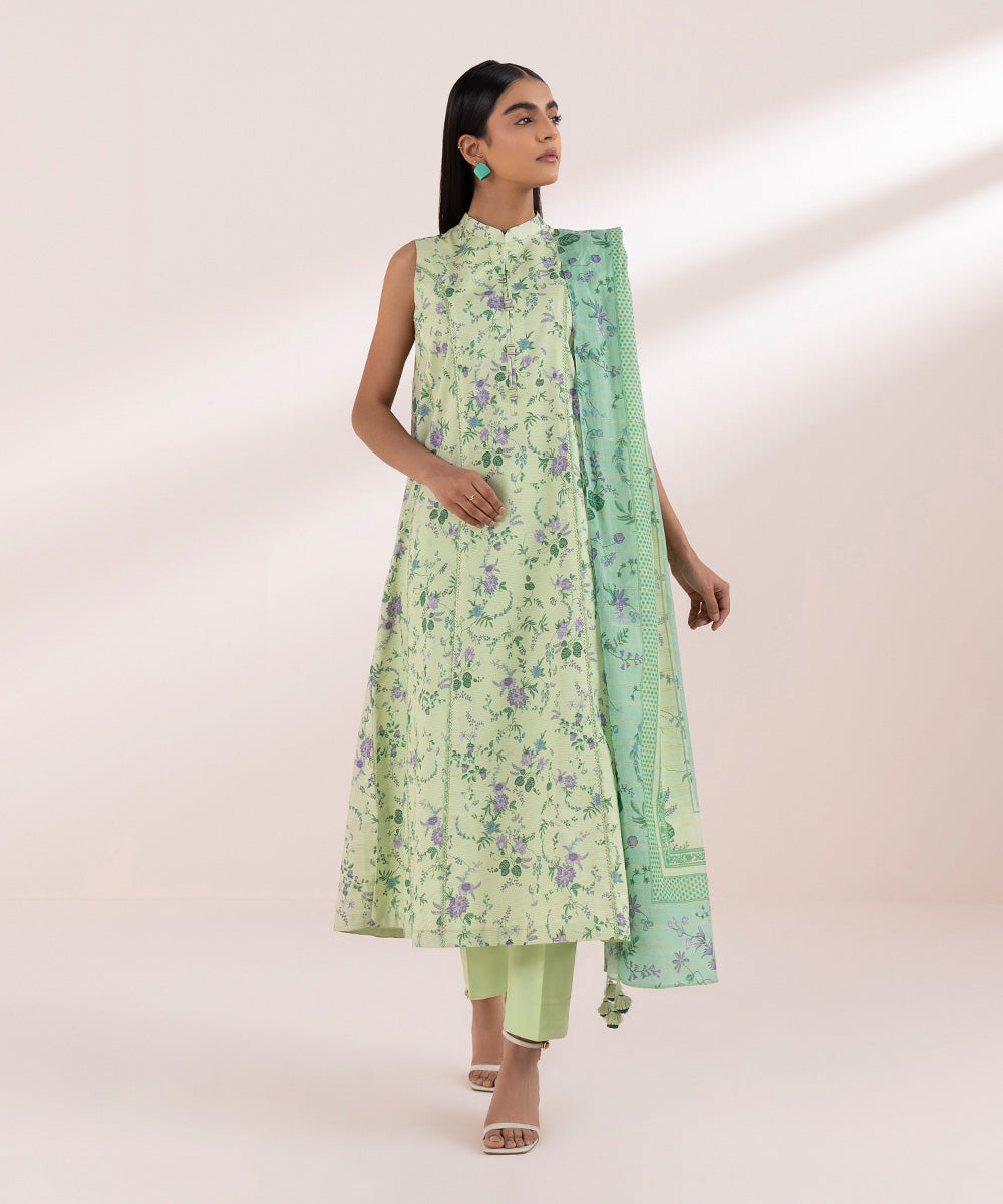Women's Unstitched Zari Lawn Green Printed 3 Piece Suit