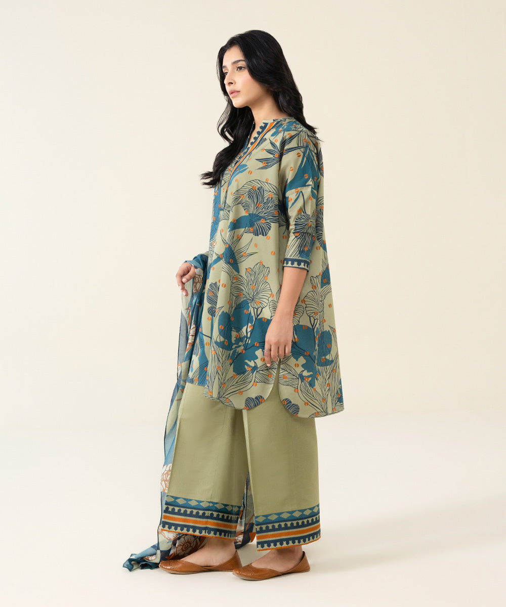 Unstitched Women's Printed Lawn Blue and Grey 3 Piece Suit