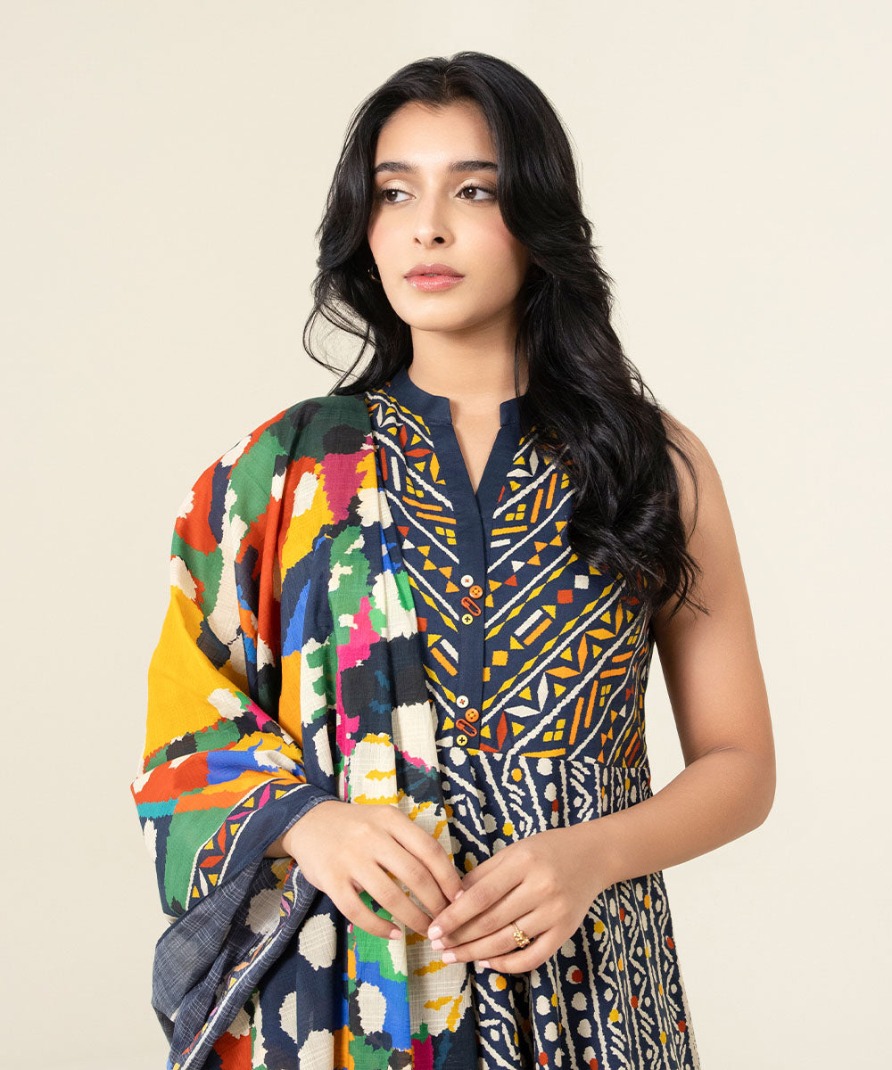 Unstitched Women's Printed Lawn Navy Blue and Multi Color 3 Piece Suit