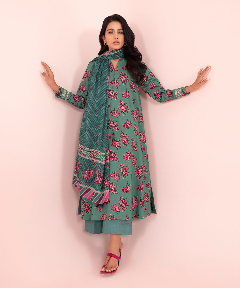 Women's Unstitched Printed Cambric Turquoise 3 Piece Suit