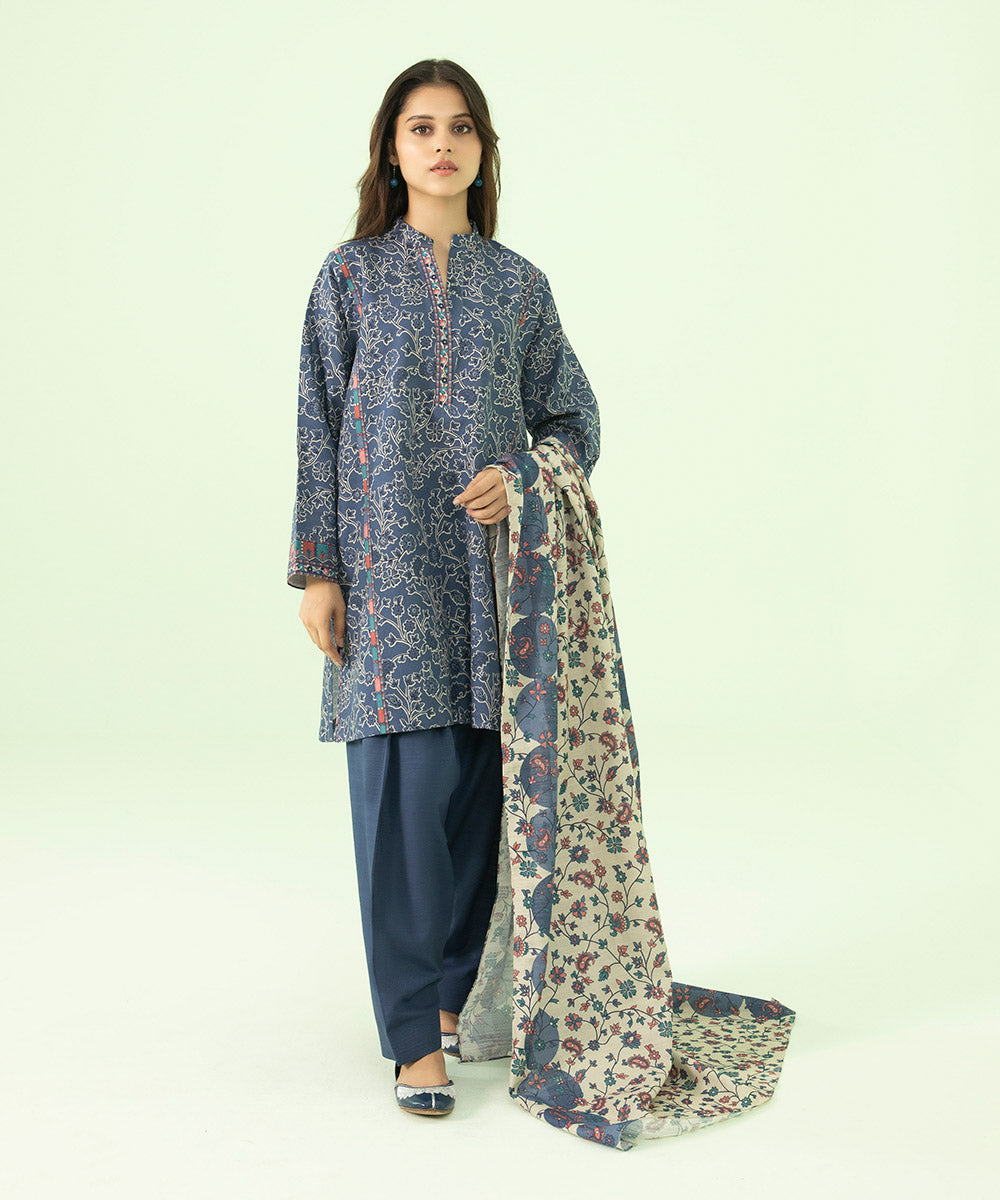 Women's Unstitched Printed Khaddar Blue 3 Piece Suit