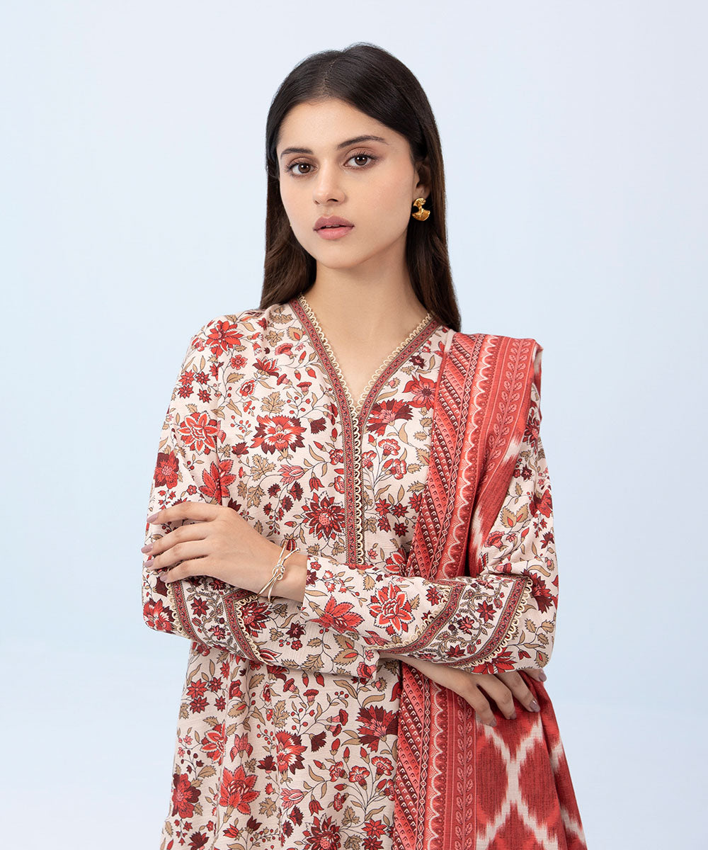 Women's Winter Unstitched Printed Khaddar Off White 3 Piece Suit