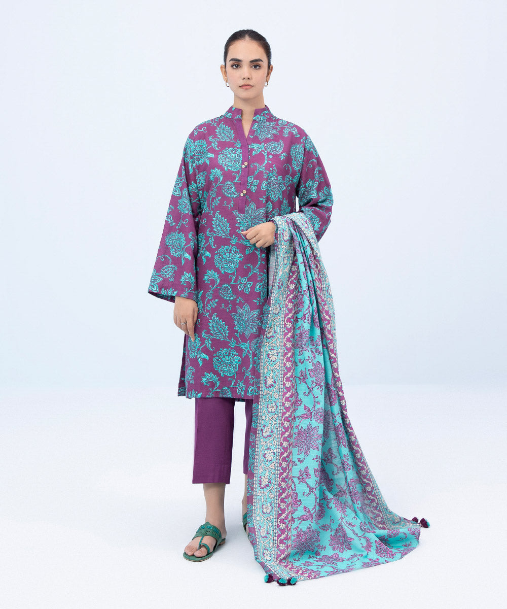 Women's Winter Unstitched Printed Khaddar Purple 3 Piece Suit