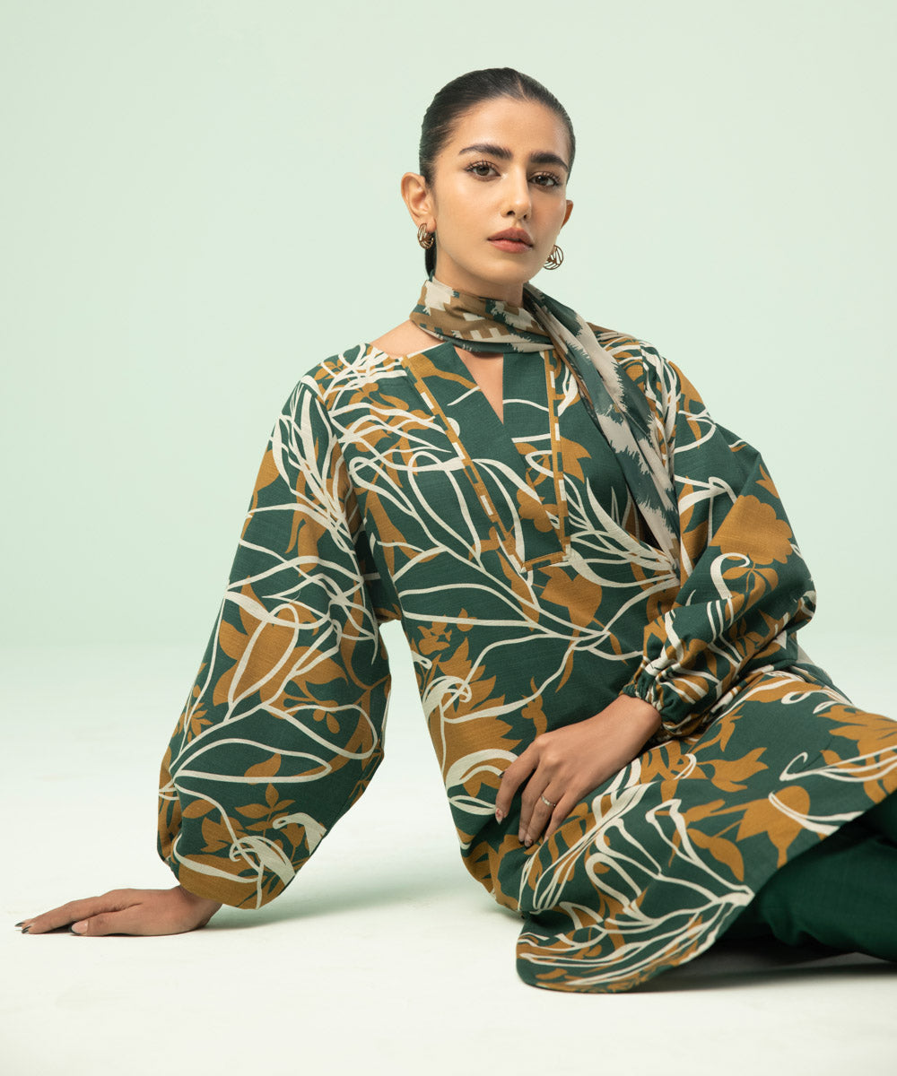Women's Winter Unstitched Light Khaddar Green 3 Piece Suit