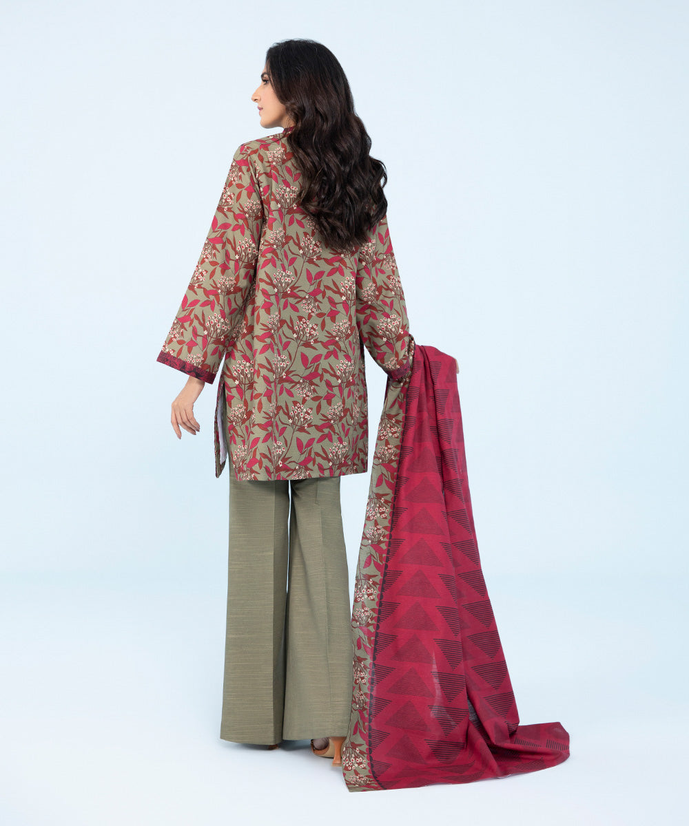 Women's Winter Unstitched Printed Khaddar Red 3 Piece Suit