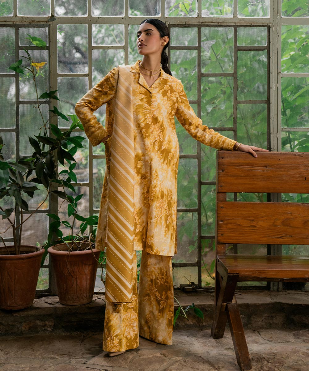 Women's Winter Unstitched Printed Khaddar Yellow 3 Piece Suit