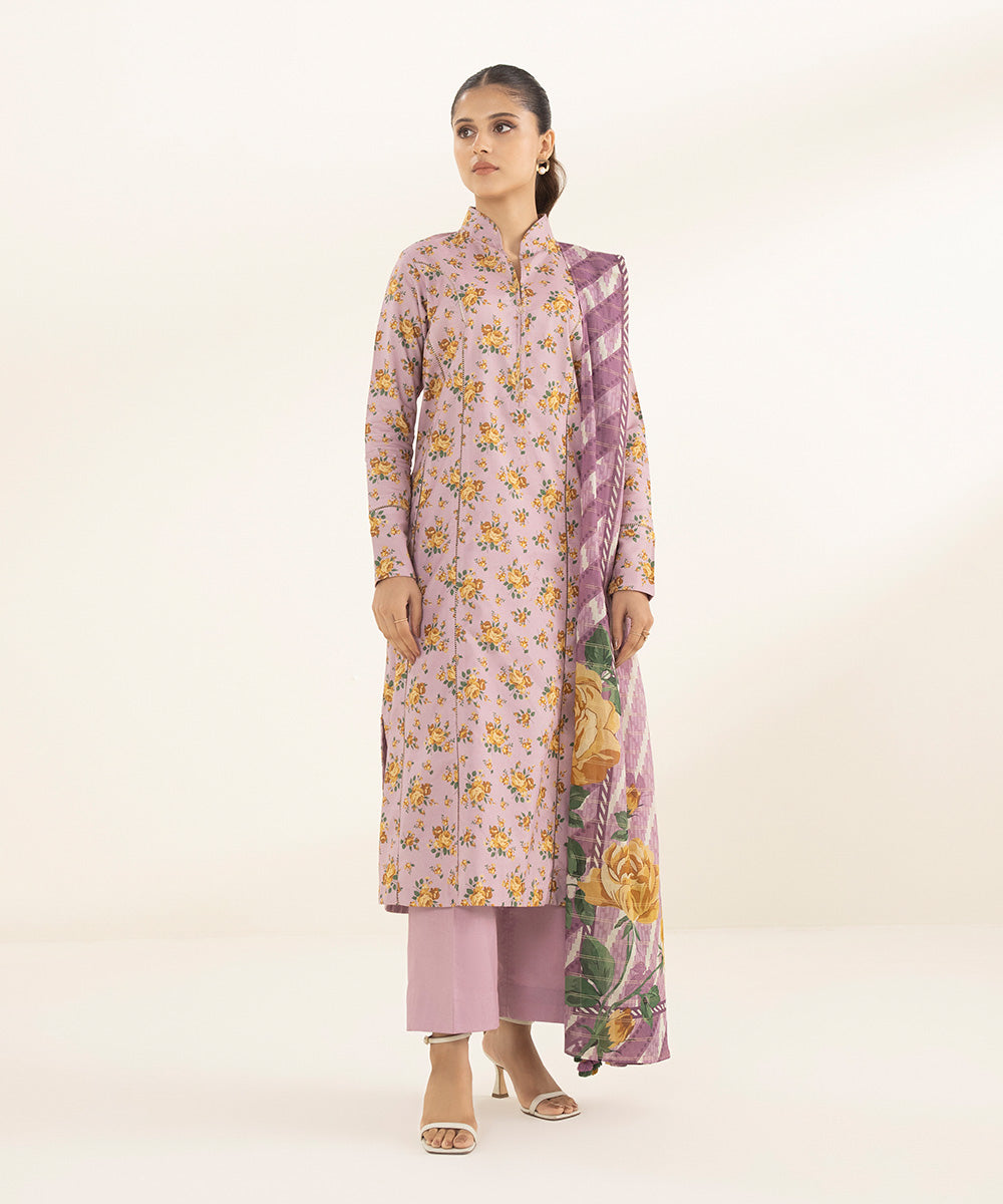 Women's Unstitched Zari Lawn Printed Purple 3 Piece Suit