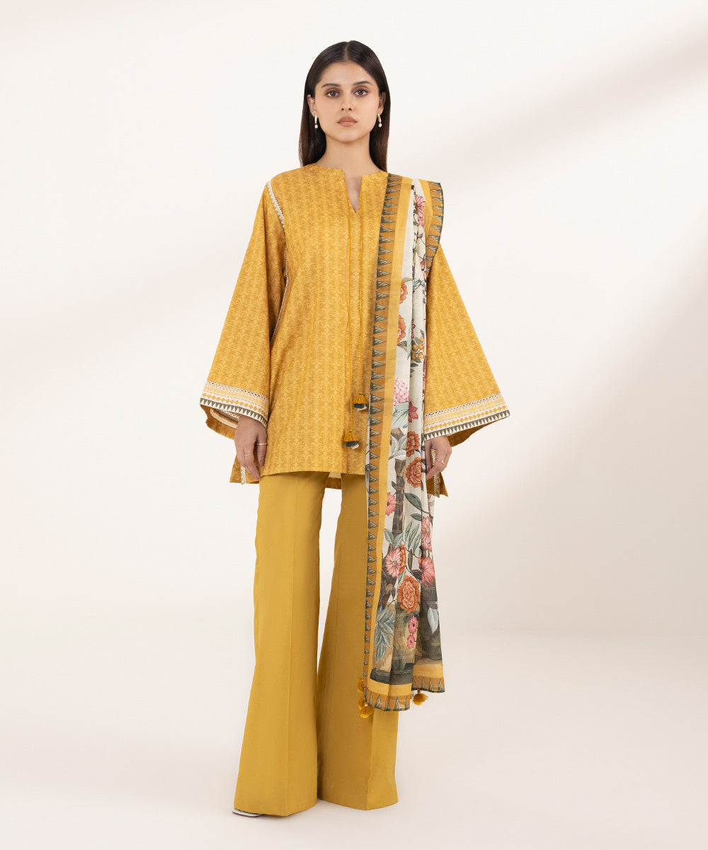 Women's Unstitched Zari Lawn Printed Yellow 3 Piece Suit