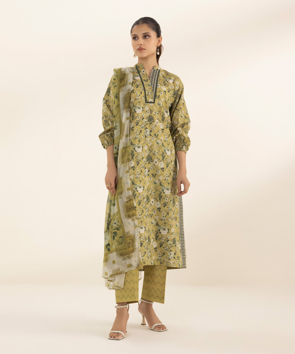 Women's Unstitched Lawn Printed Yellow 3 Piece Suit