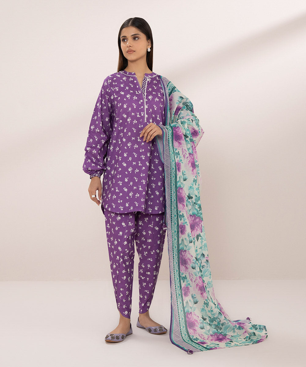 Women's Unstitched Lawn Printed Purple 3 Piece Suit