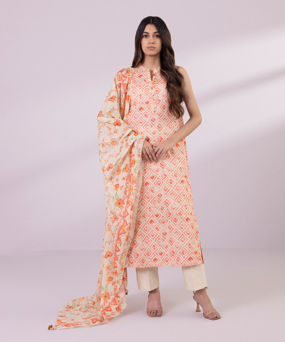 Women's Unstitched Lawn Printed Off white 2 Piece Suit