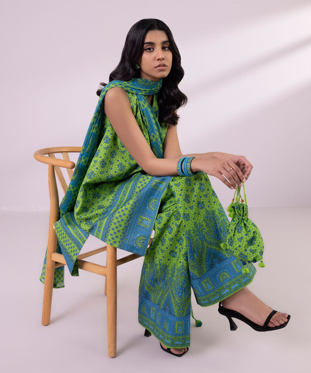 Women's Unstitched Lawn Printed Forest Green 3 Piece Suit
