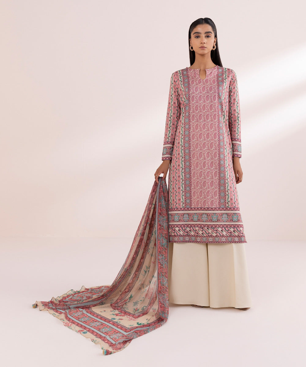 Women's Unstitched Lawn Pink Printed 3 Piece Suit