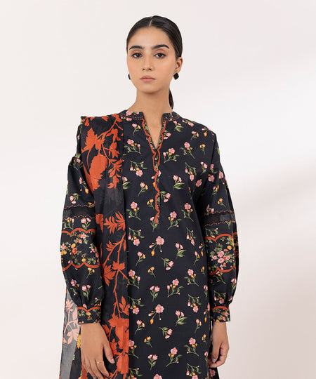 Women's Lawn Printed Black Unstitched 3 Piece Suit