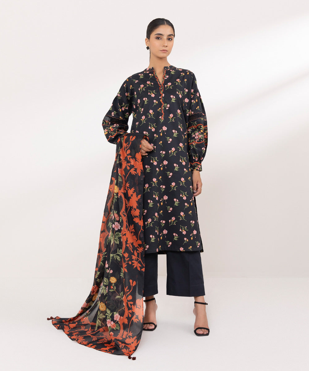 Women's Lawn Printed Black Unstitched 3 Piece Suit