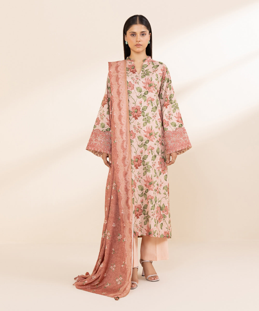 Women's Unstitched Embroidered Linen Pink 3 Piece Suit