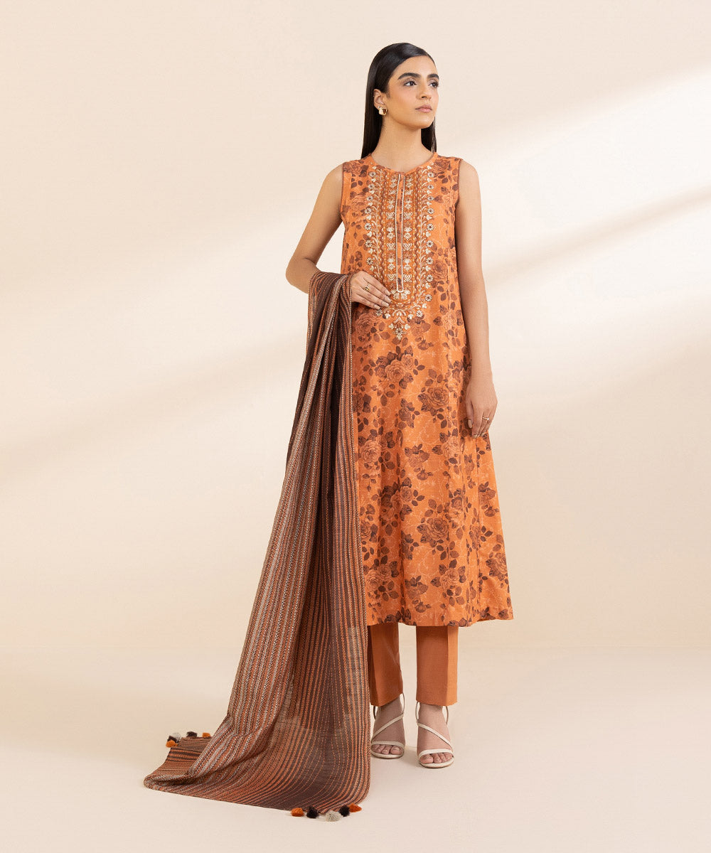 Women's Unstitched Light Khaddar Embroidered Orange 3 Piece Suit