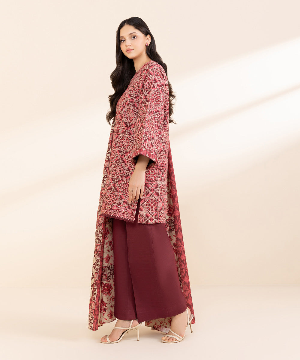 Women's Unstitched Light Khaddar Embroidered Red 3 Piece Suit