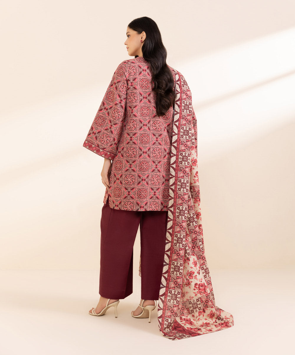 Women's Unstitched Light Khaddar Embroidered Red 3 Piece Suit