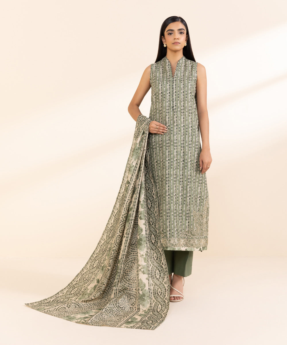 Women's Unstitched Cambric Embroidered Green 3 Piece Suit