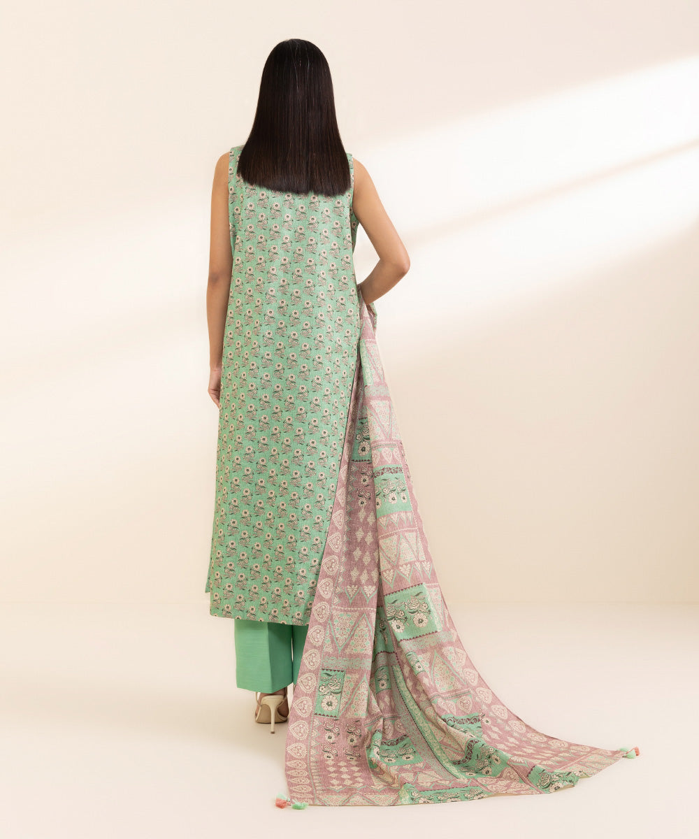 Women's Unstitched Light Khaddar Embroidered Green 3 Piece Suit