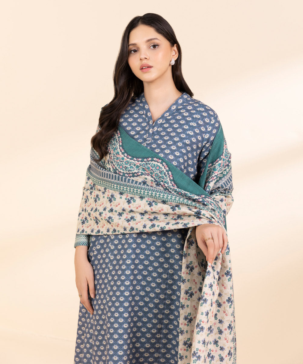 Women's Unstitched Light Khaddar Embroidered Blue 3 Piece Suit