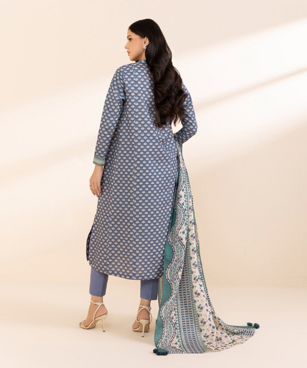 Women's Unstitched Light Khaddar Embroidered Blue 3 Piece Suit