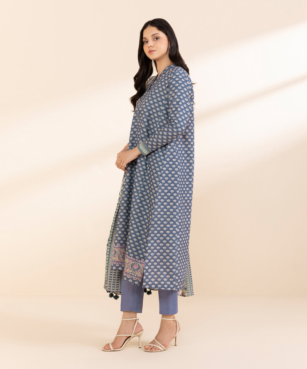 Women's Unstitched Light Khaddar Embroidered Blue 3 Piece Suit