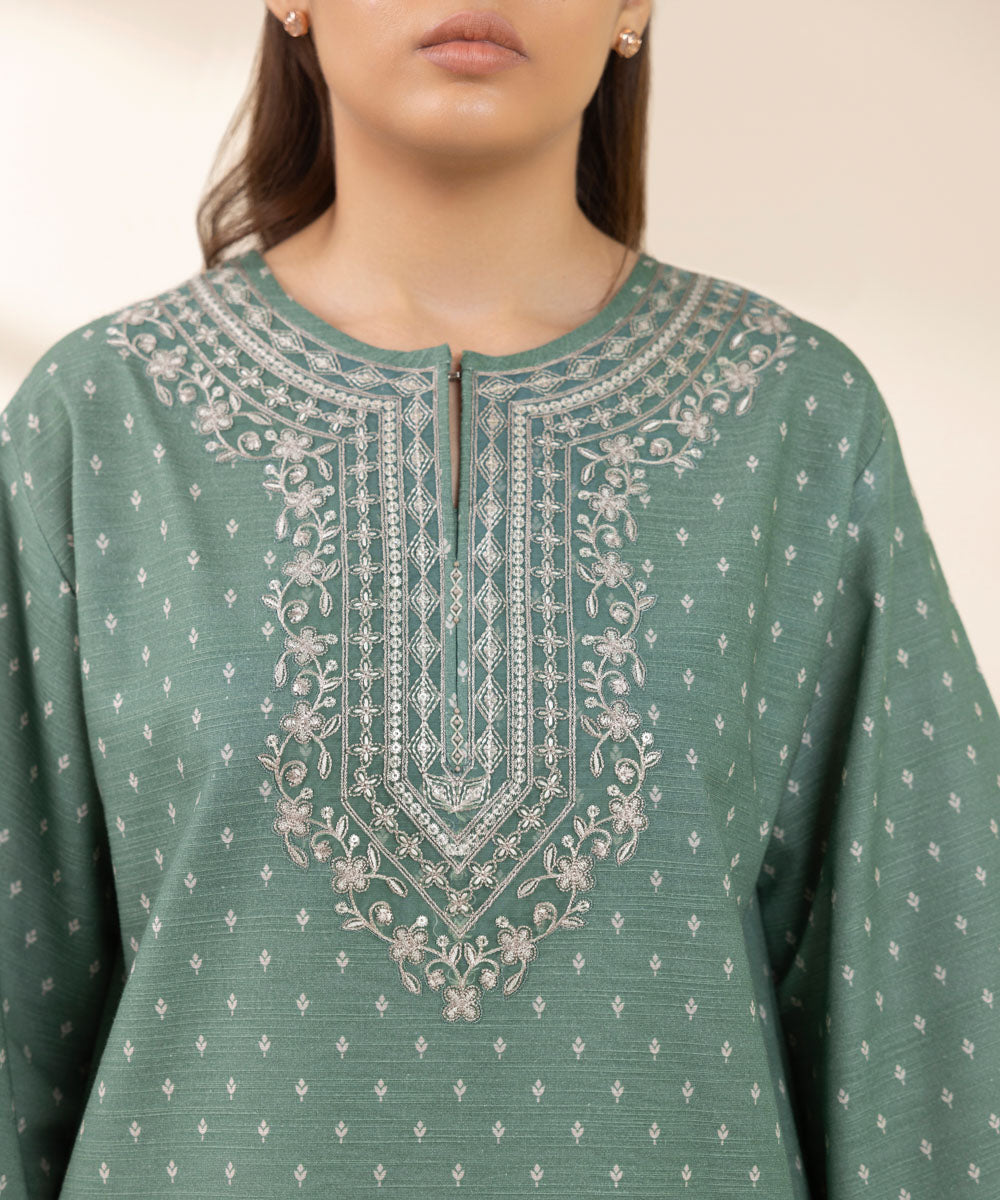 Women's Unstitched Khaddar Embroidered Green 3 Piece Suit