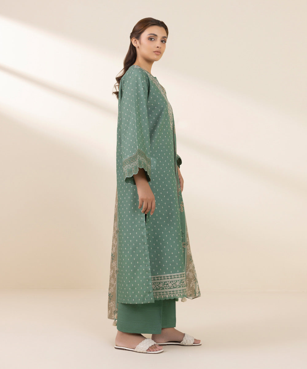 Women's Unstitched Khaddar Embroidered Green 3 Piece Suit