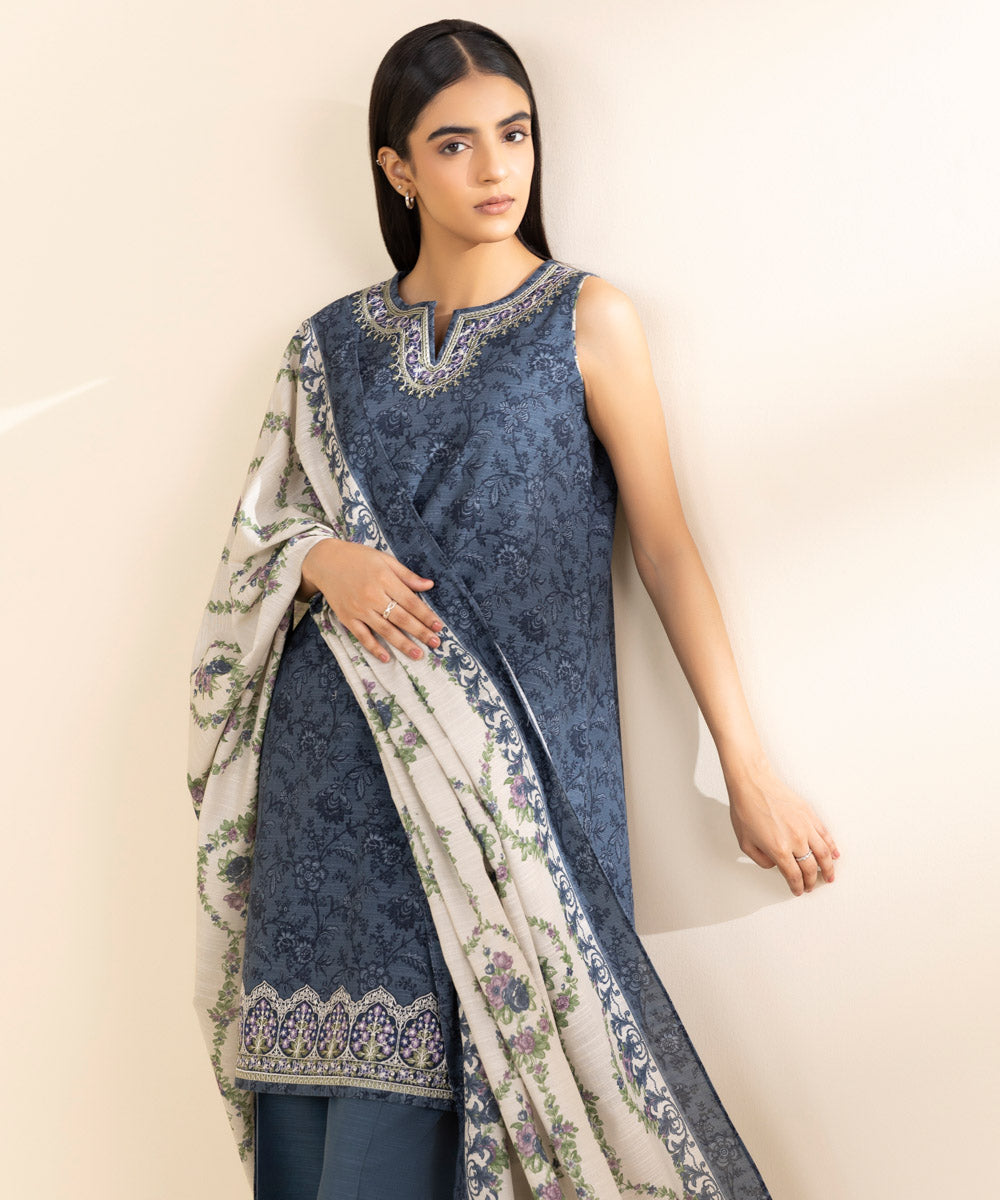 Women's Unstitched Khaddar Embroidered Blue 3 Piece Suit