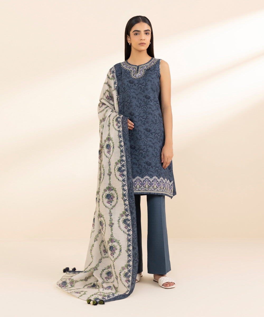 Women's Unstitched Khaddar Embroidered Blue 3 Piece Suit