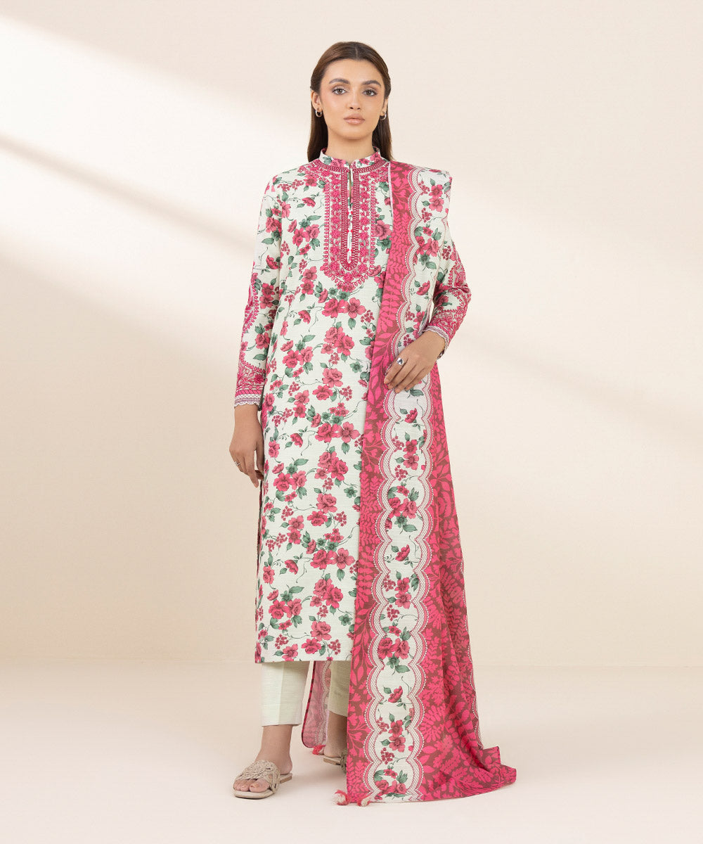 Women's Unstitched Khaddar Embroidered Pink 3 Piece Suit