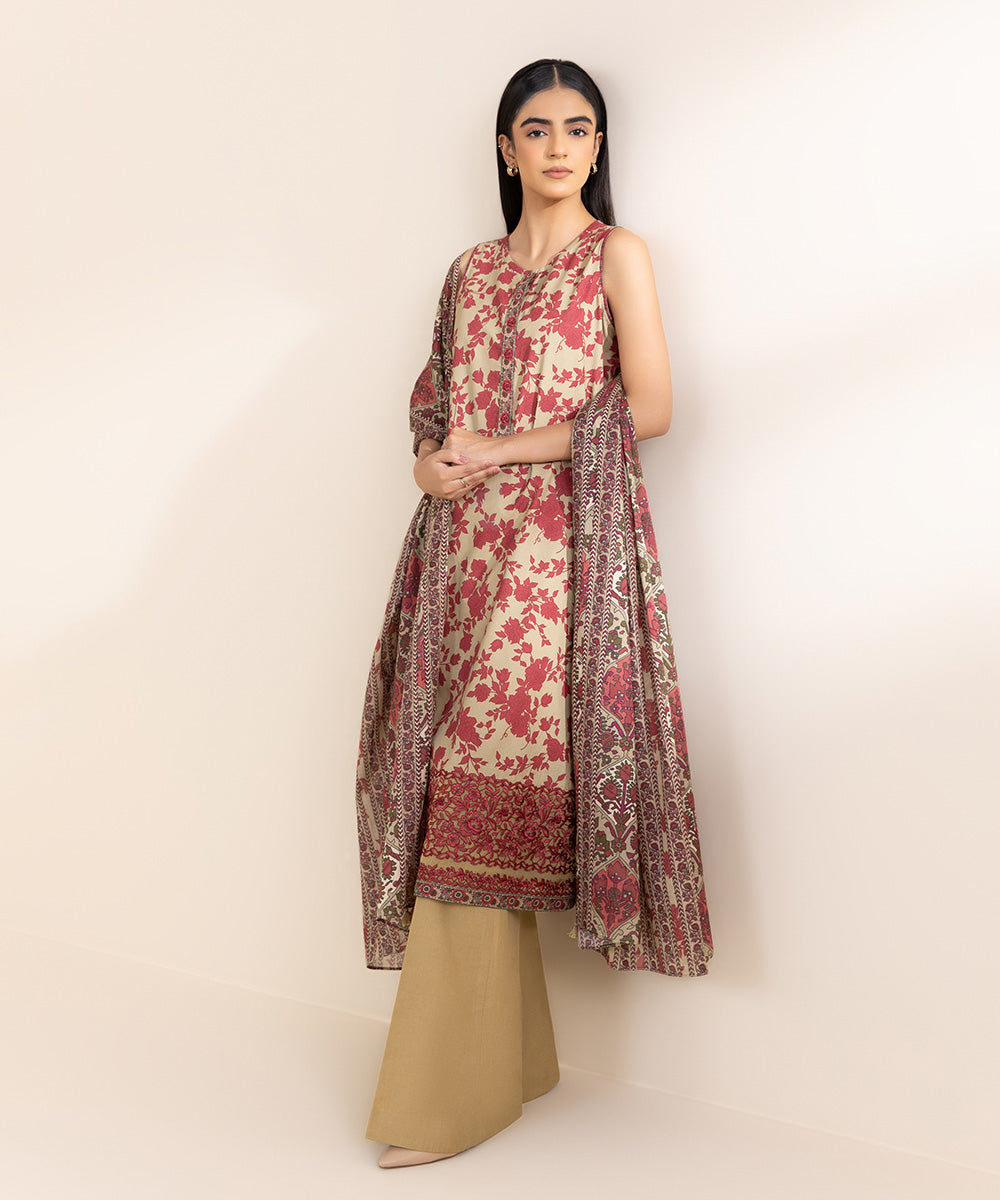 Women's Unstitched Embroidered Beige & Red Khaddar Three Piece Suit