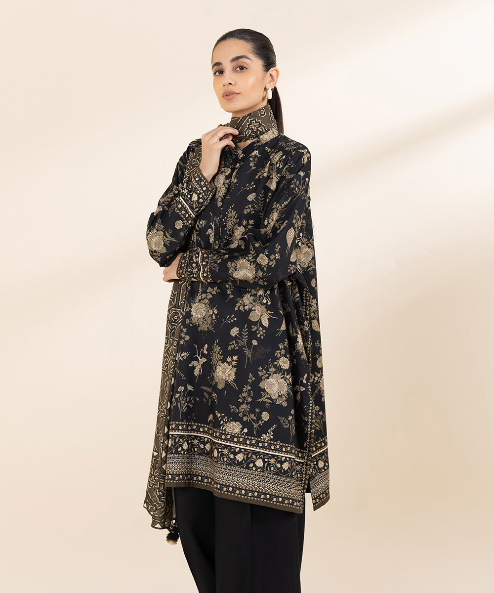 Women's Unstitched Linen Black Printed 3 Piece Suit