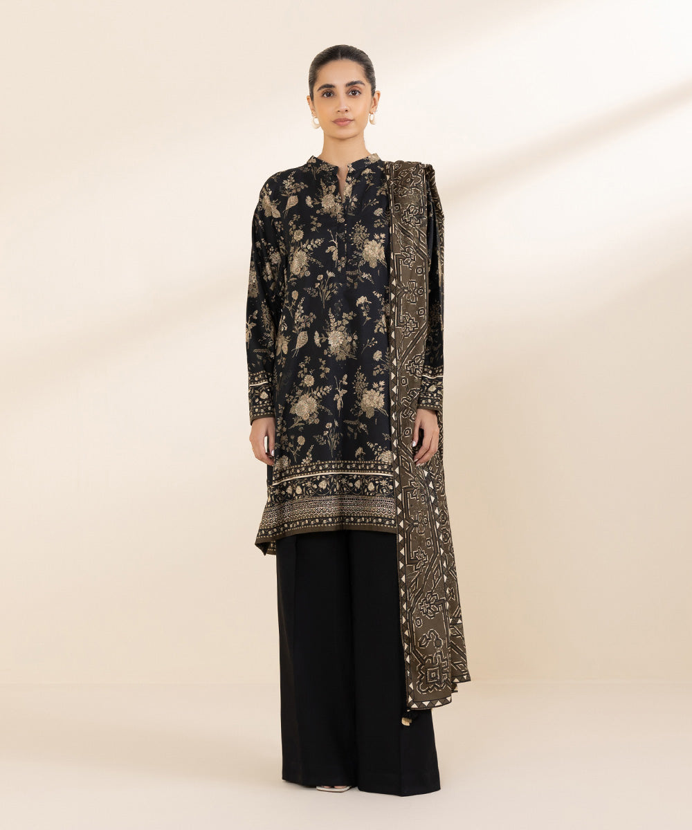 Women's Unstitched Linen Black Printed 3 Piece Suit