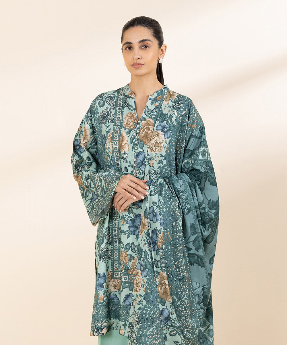 Women's Unstitched Linen Blue Printed 3 Piece Suit