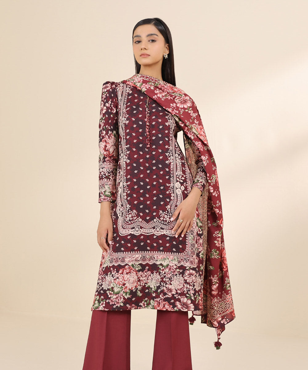 Women's Unstitched Linen Red Printed 3 Piece Suit