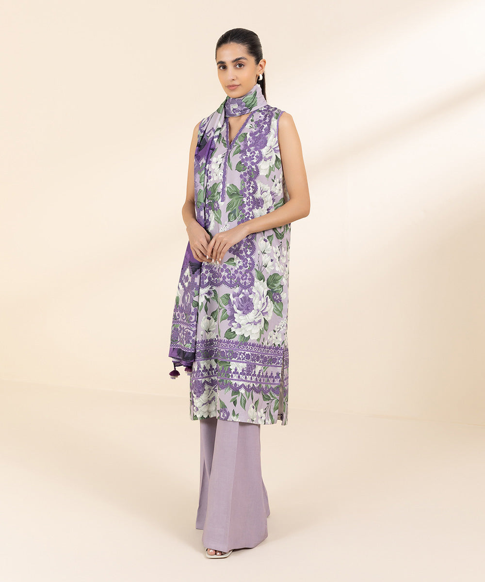 Women's Unstitched Linen Purple Printed 3 Piece Suit