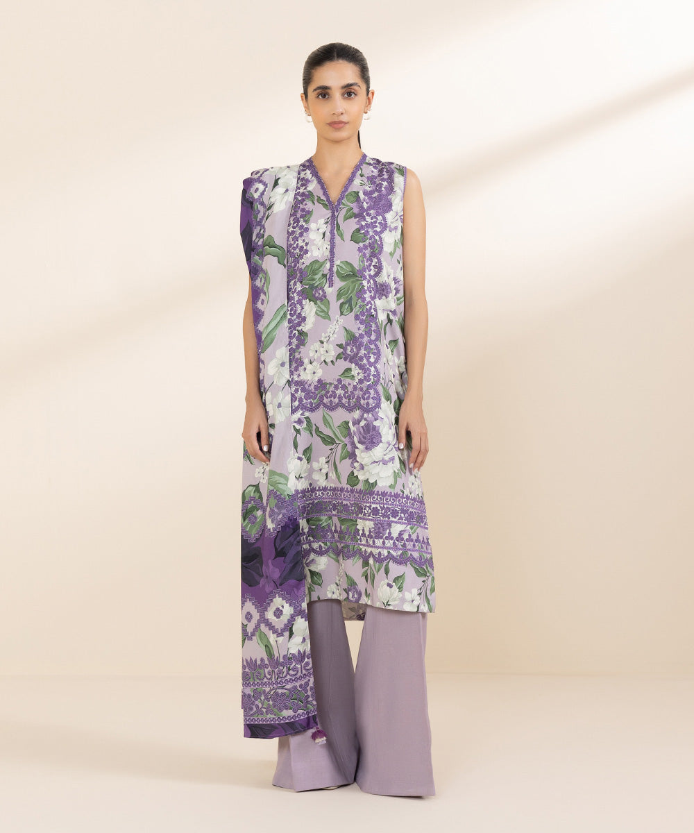 Women's Unstitched Linen Purple Printed 3 Piece Suit